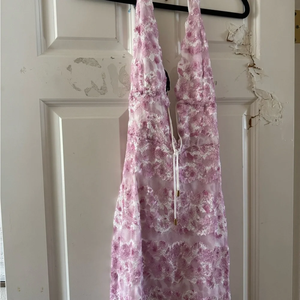 White & Pink Floral Halter Spring Dress - Beginning Boutique - Picture 5 of 5